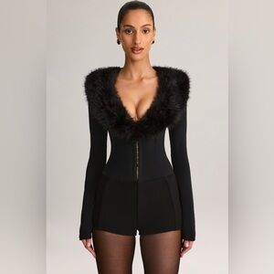 Oh Polly Black Long Sleeve Romper with Fur Trim